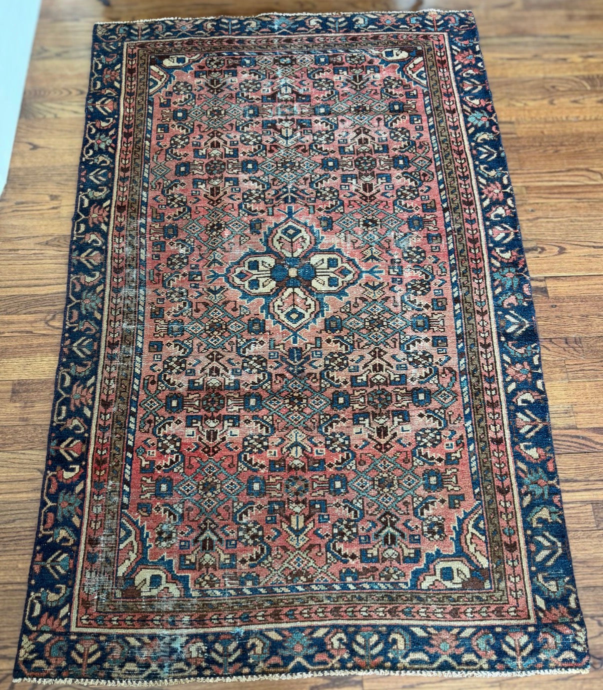 Vintage Sun-Washed Terracotta & Navy Rug 3’9 x 6’2 circa 1950-1970