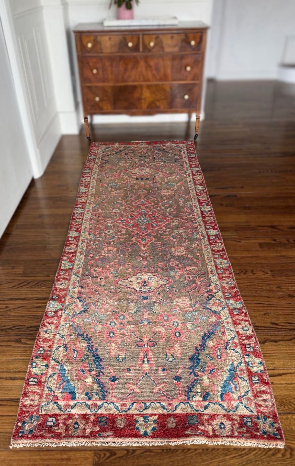 Vintage Wild Garden Oushak 3’ x 8’8 circa 1930-1950
