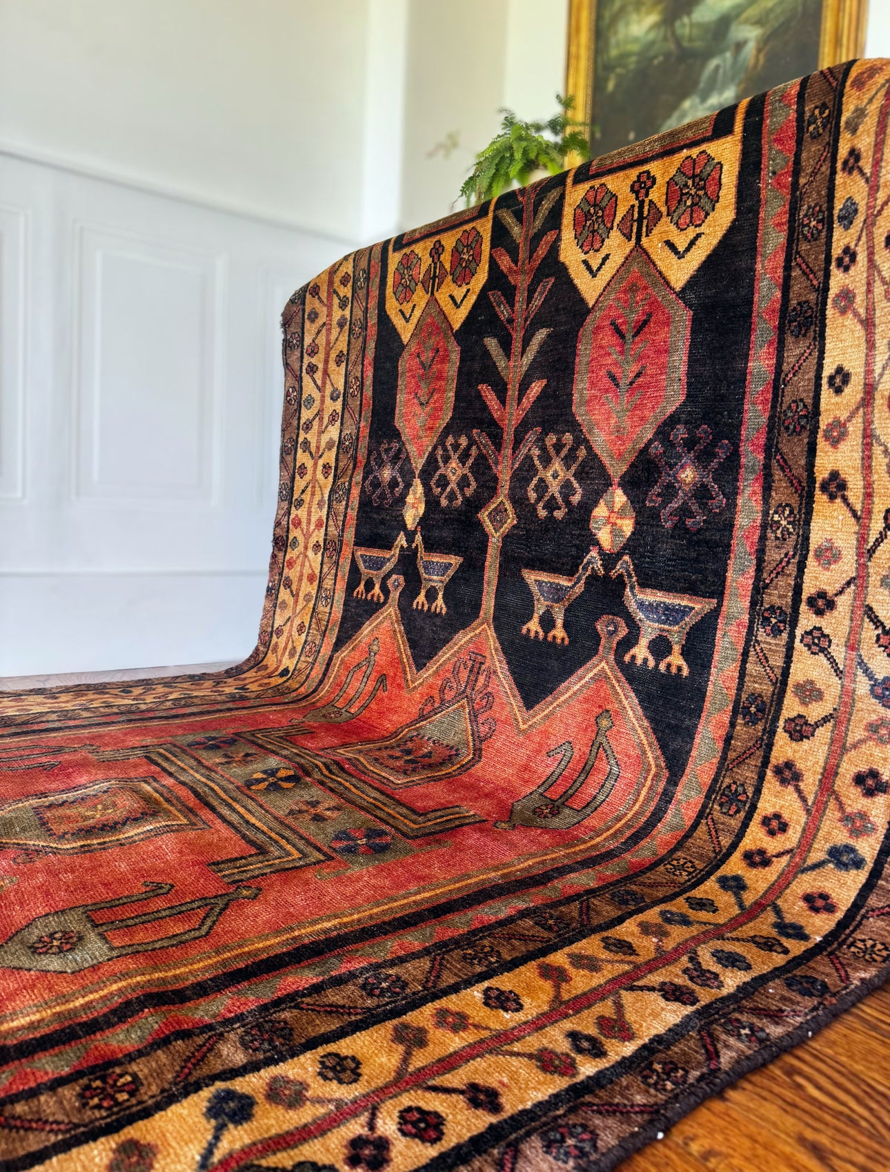 Vintage Anatolian ember and onyx bird Gallery Rug - 4’8 x 9’10
