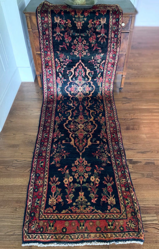 Vintage Indigo Arabesque Runner — 2’7” × 8’10” circa 1930-1940