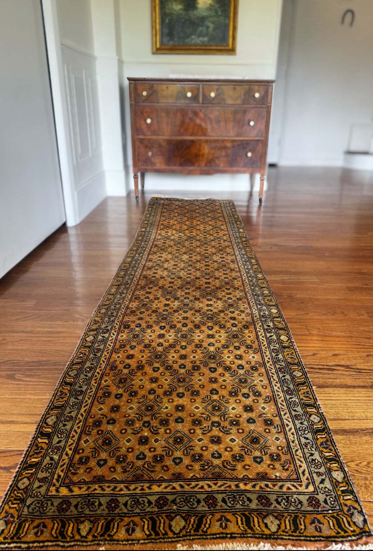 Vintage muted camel and olive vine runner 2’4x9’3