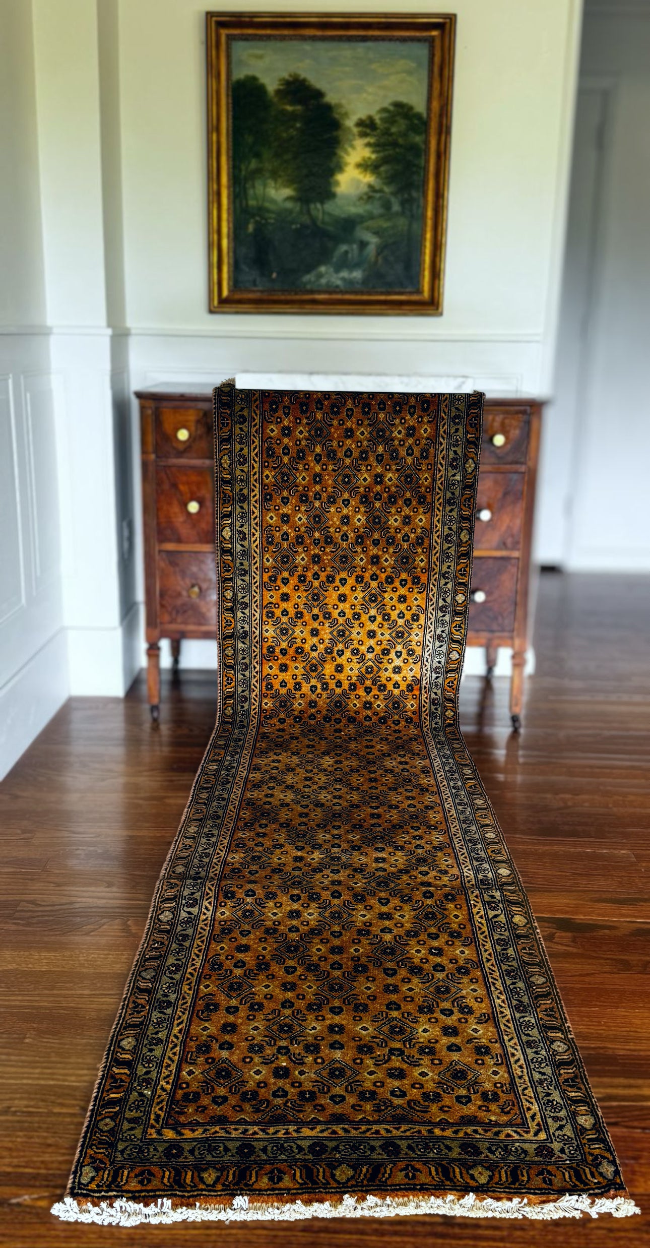 Vintage muted camel and olive vine runner 2’4x9’3