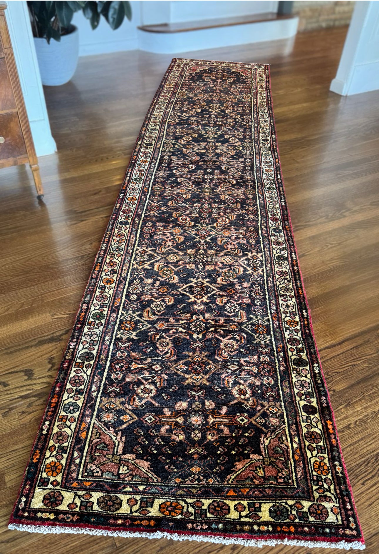 Vintage Midnight Garden Runner 3’ x 13’4 | Circa 1940–1960 | Hand-Knotted Wool