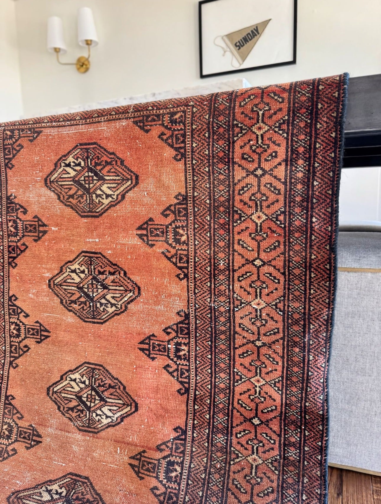 Vintage geometric terracotta and Navy runner 3’3 x 9