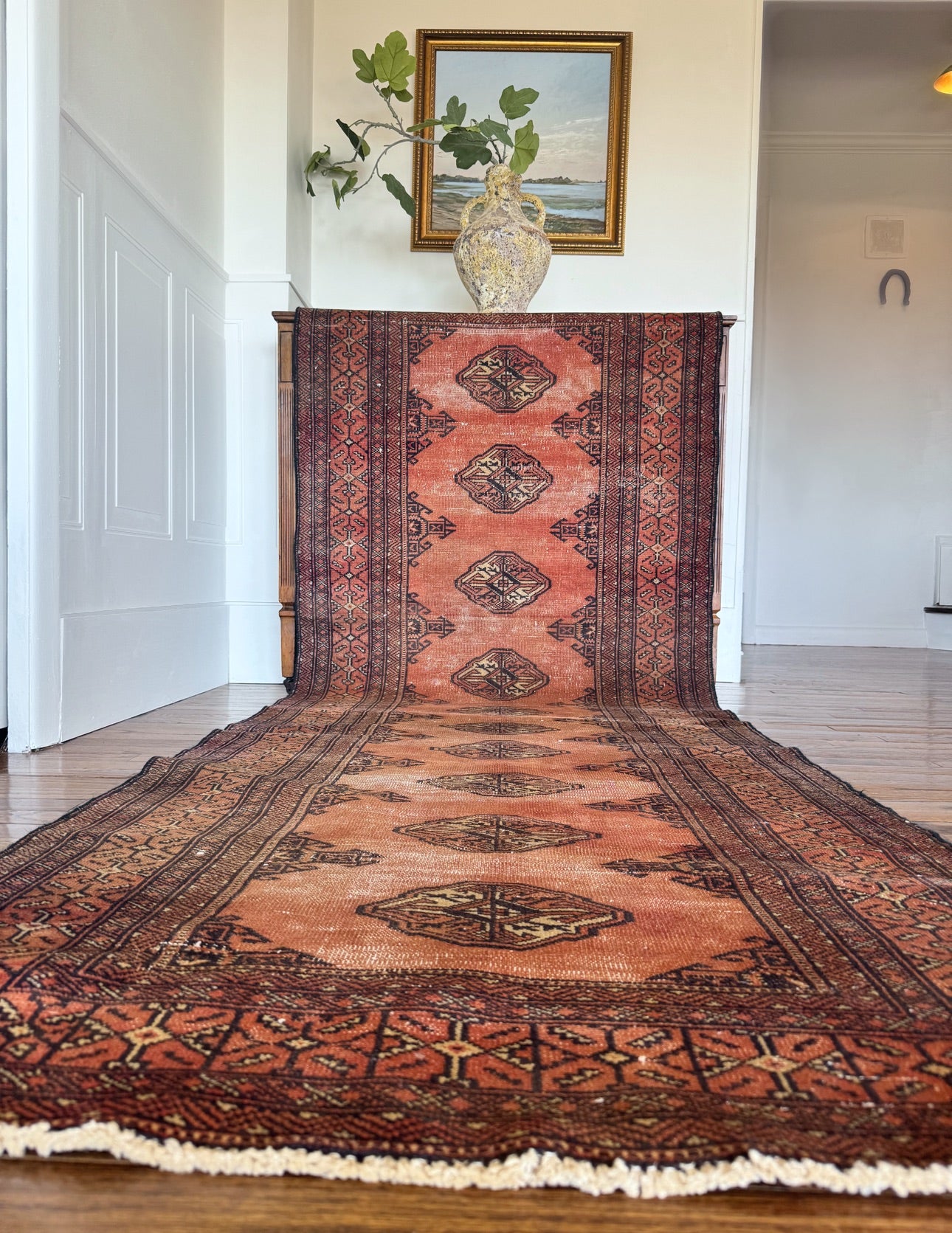 Vintage geometric terracotta and Navy runner 3’3 x 9