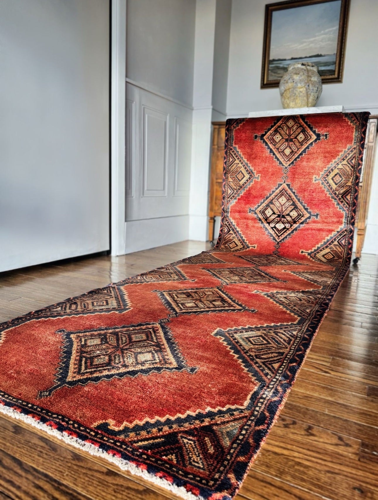 Vintage Handmade diamond runner 3’ x 10’