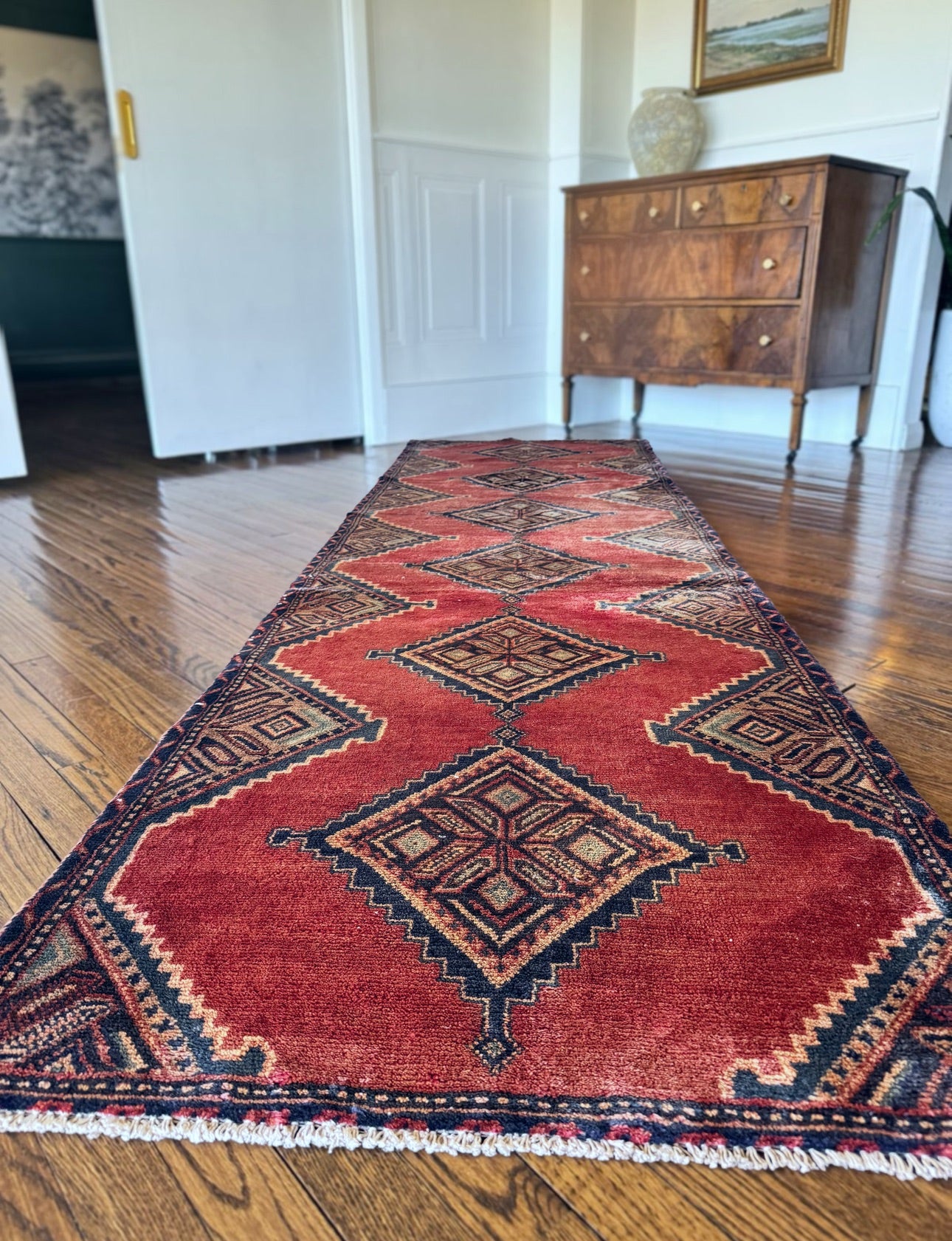 Vintage Handmade diamond runner 3’ x 10’