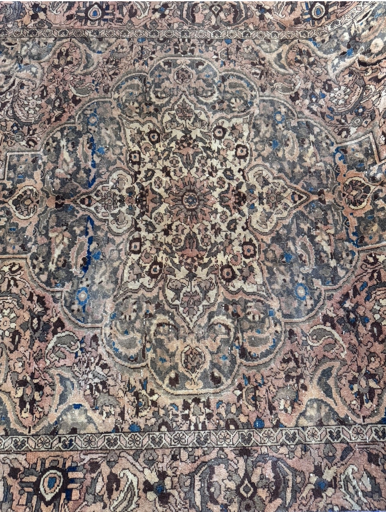 Vintage Anatolian navy and tan rug 6’5 x 9’10
