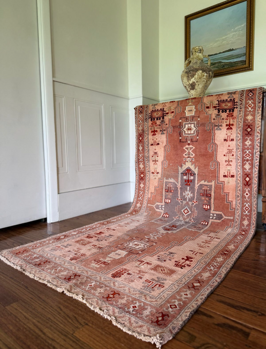 Vintage Oxidized Clay and Coral Anatolian Runner 3’4 x 7’6 Circa 1945-1955