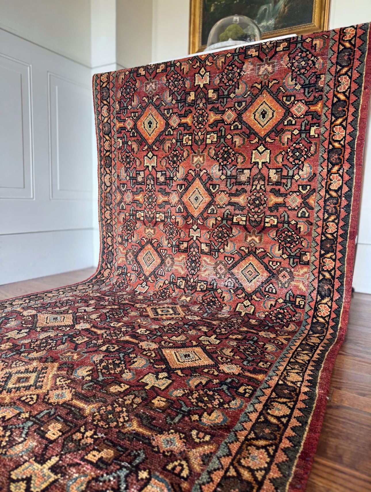 Antique Malayer Tobacco Ember runner 3’6” × 10’1” — Circa 1915–1930