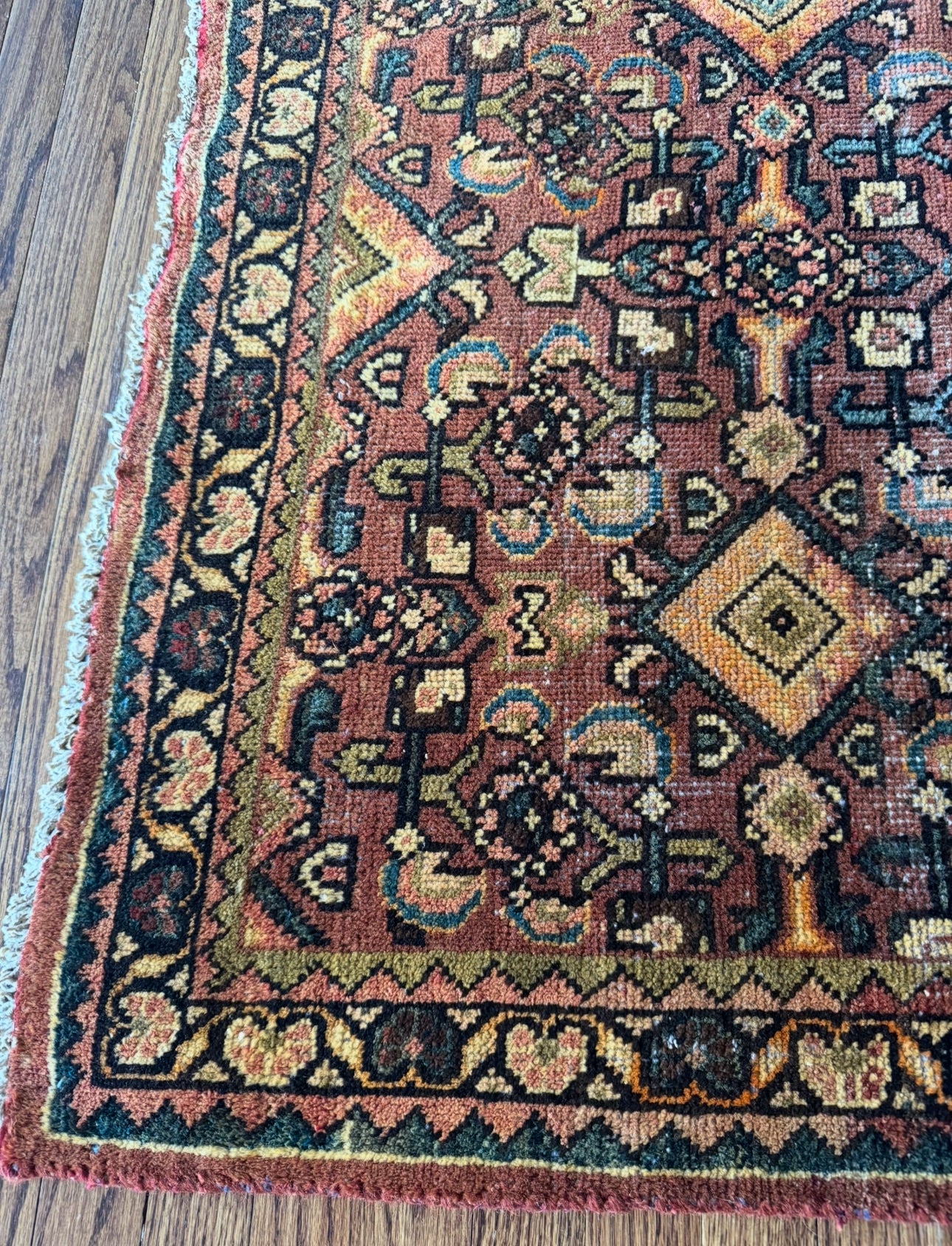 Antique Malayer Tobacco Ember runner 3’6” × 10’1” — Circa 1915–1930