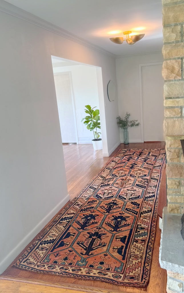 Vintage Turkish Handmade Anatolian Geometric Rug 4.1x14.8 Ft