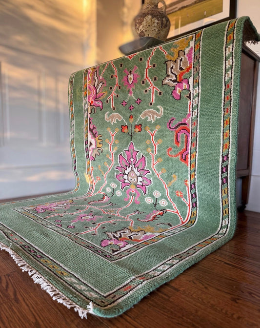 Vintage Celadon Menagerie Rug — 4′ × 6′ circa 1980-1990