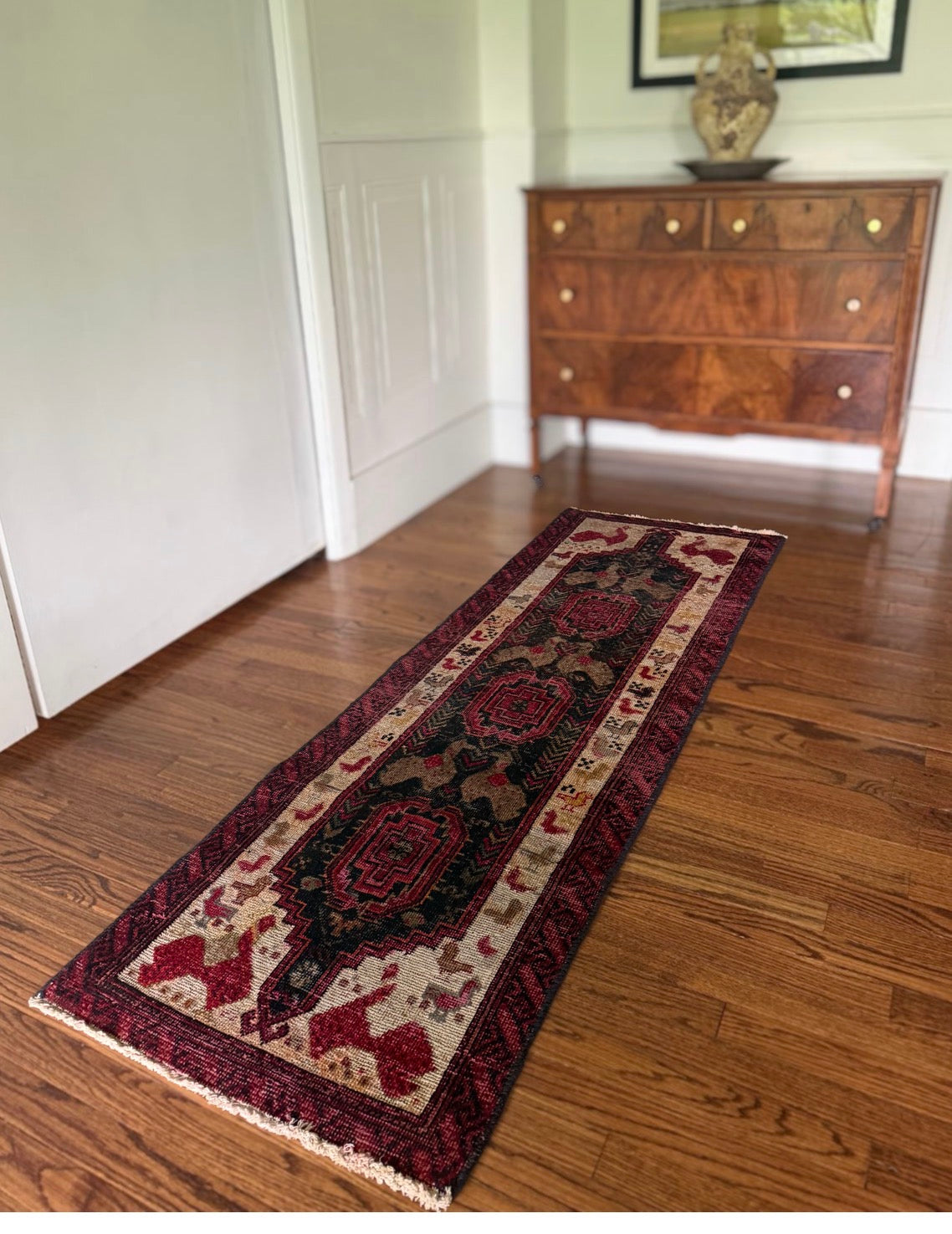 Vintage Raspberry Menagerie Runner 2’1 x 6’5 circa 1940-1950s