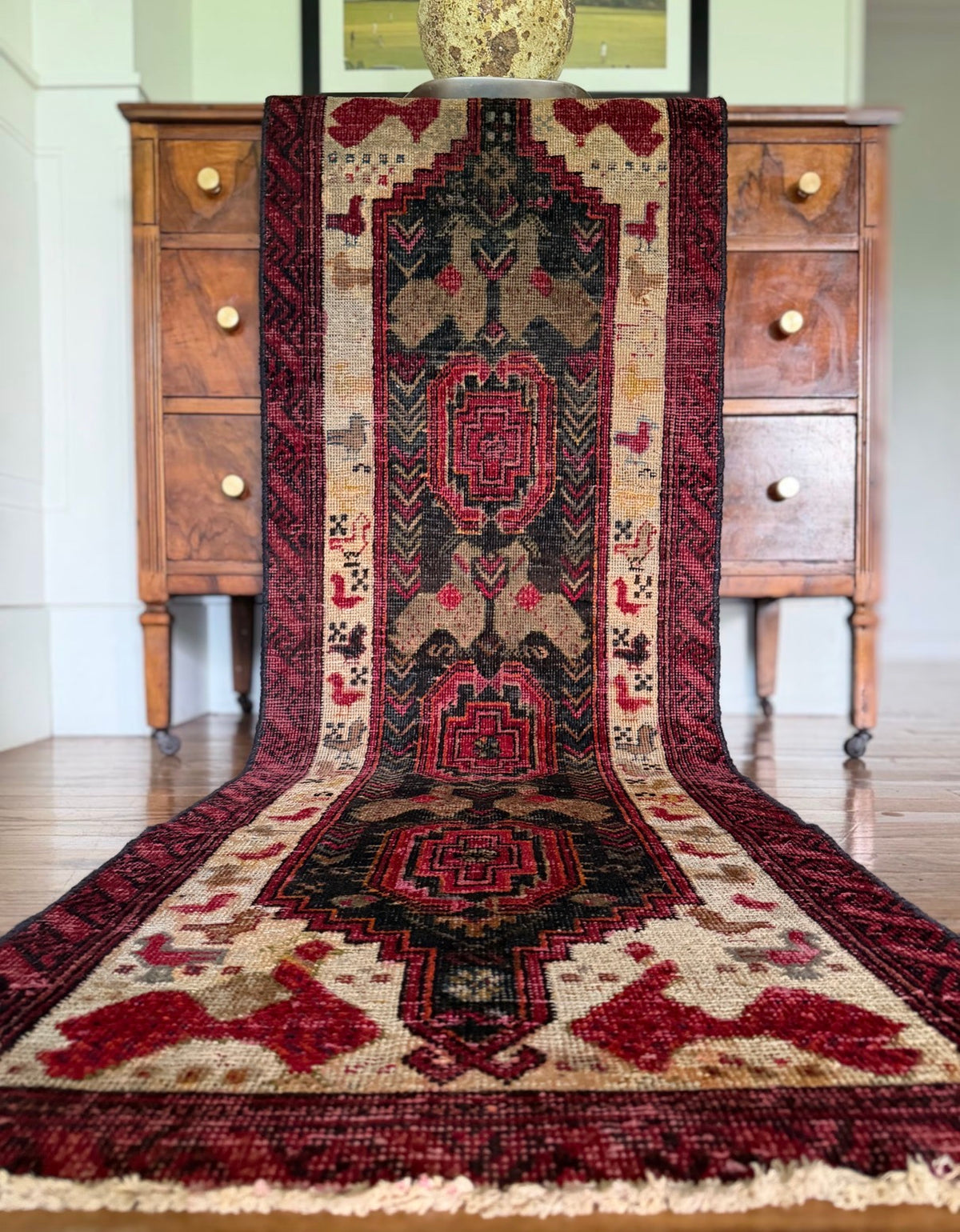 Vintage Raspberry Menagerie Runner 2’1 x 6’5 circa 1940-1950s