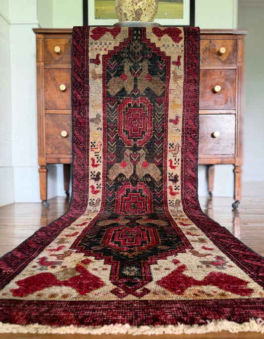 Vintage Raspberry Menagerie Runner 2’1 x 6’5 circa 1940-1950s