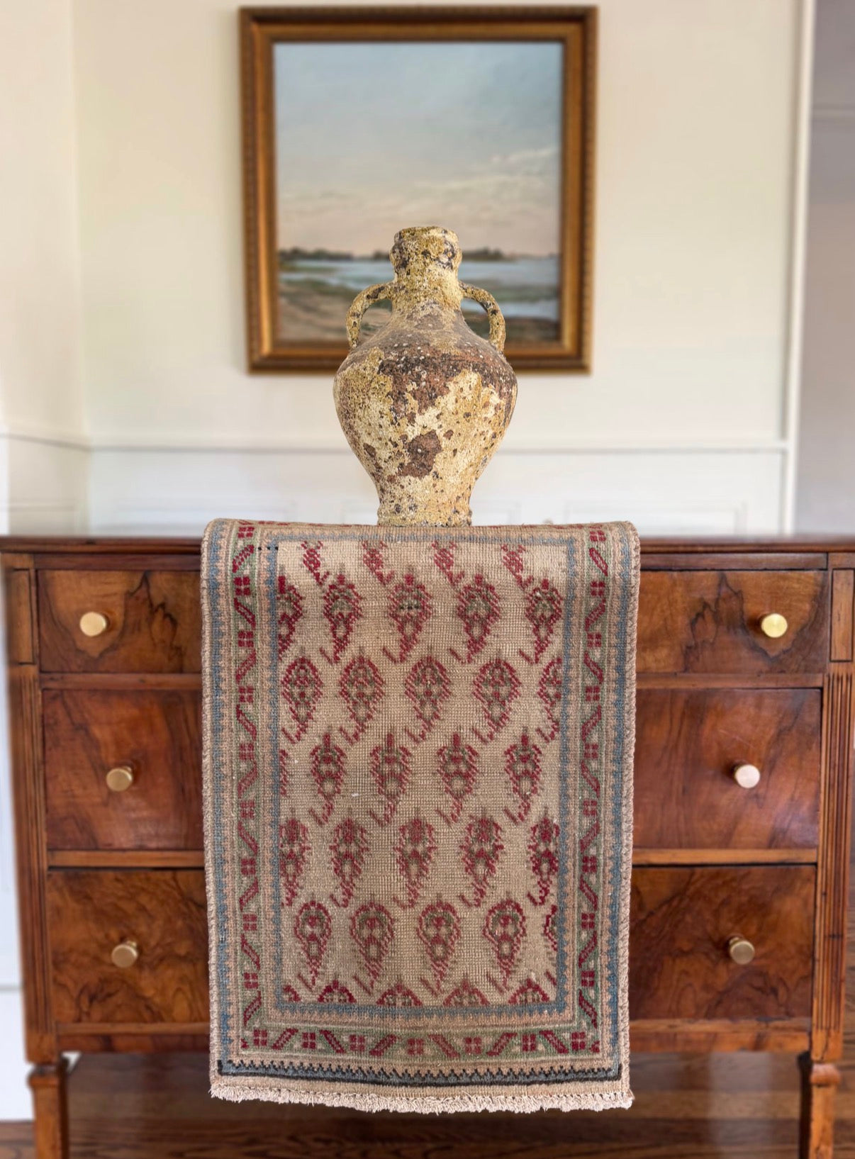 Vintage Oat & Cranberry Paisley Rug | 1’9” x 2’7” | Circa 1940–1960