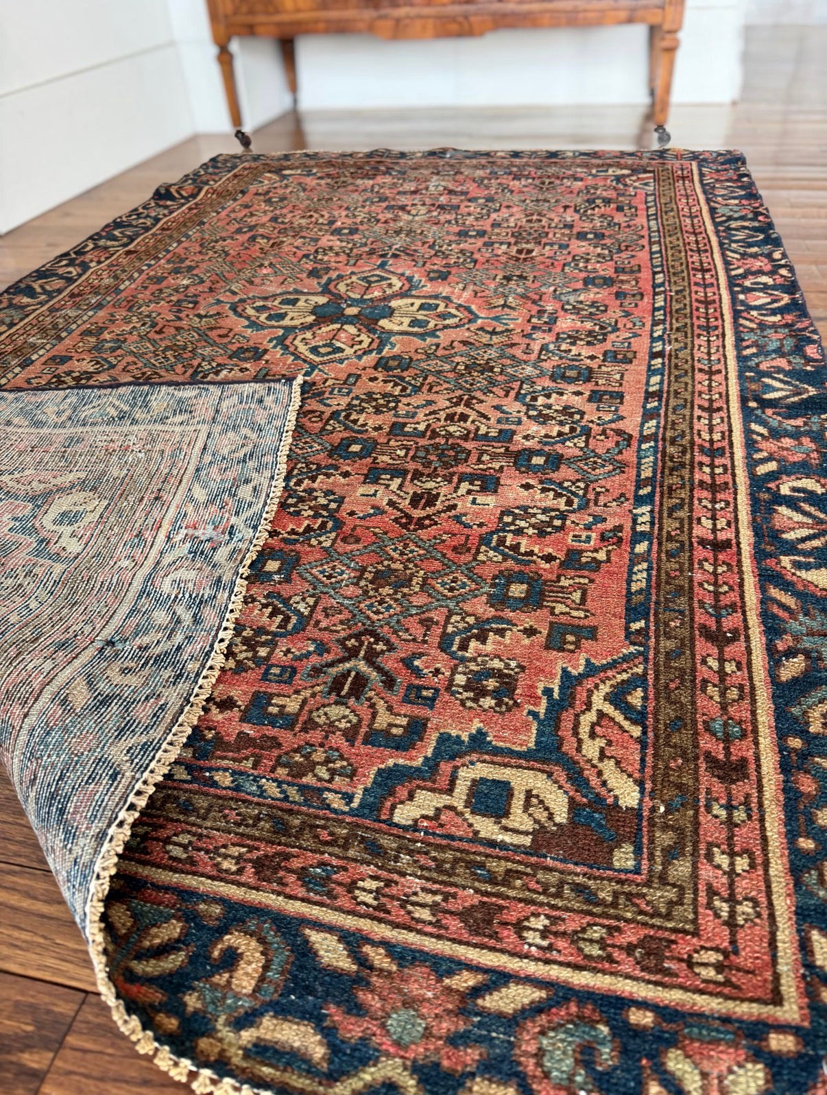Vintage Sun-Washed Terracotta & Navy Rug 3’9 x 6’2 circa 1950-1970