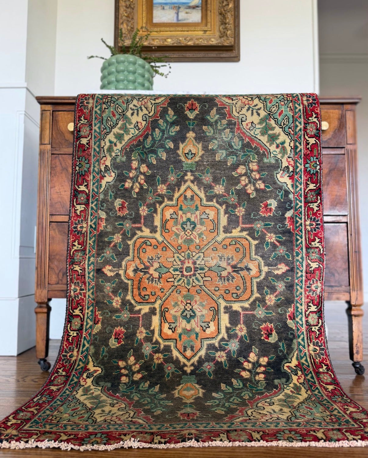Vintage Olive Ink Medallion Rug 2’8 x 4’5 circa 1940-1955