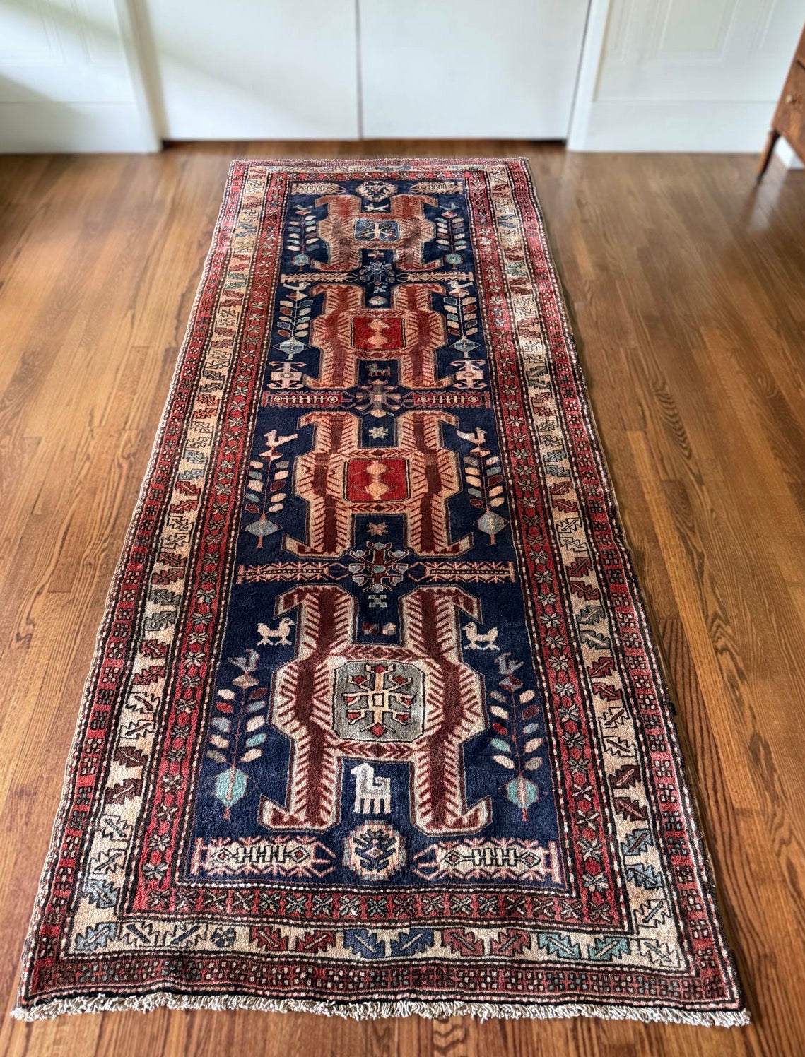 Vintage Indigo Emblem Gallery Rug 4’3 x 10’9 circa 1930- 1940