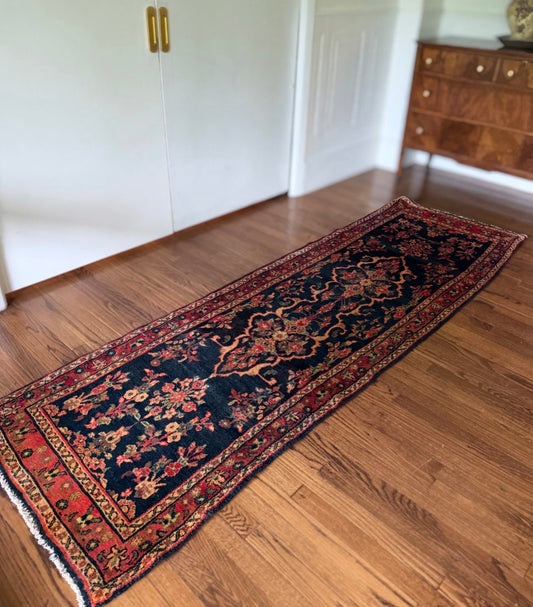 Vintage Indigo Arabesque Runner — 2’7” × 8’10” circa 1930-1940