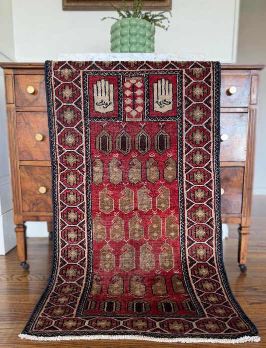 Vintage Crimson Hamsa Prayer Rug 2’5 x 4’4 circa 1940-1960