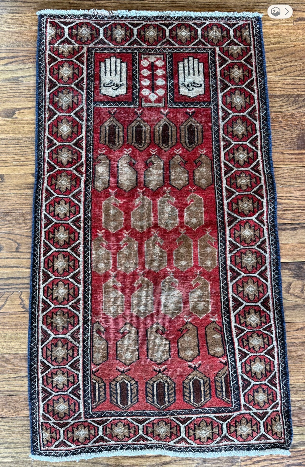 Vintage Crimson Hamsa Prayer Rug 2’5 x 4’4 circa 1940-1960