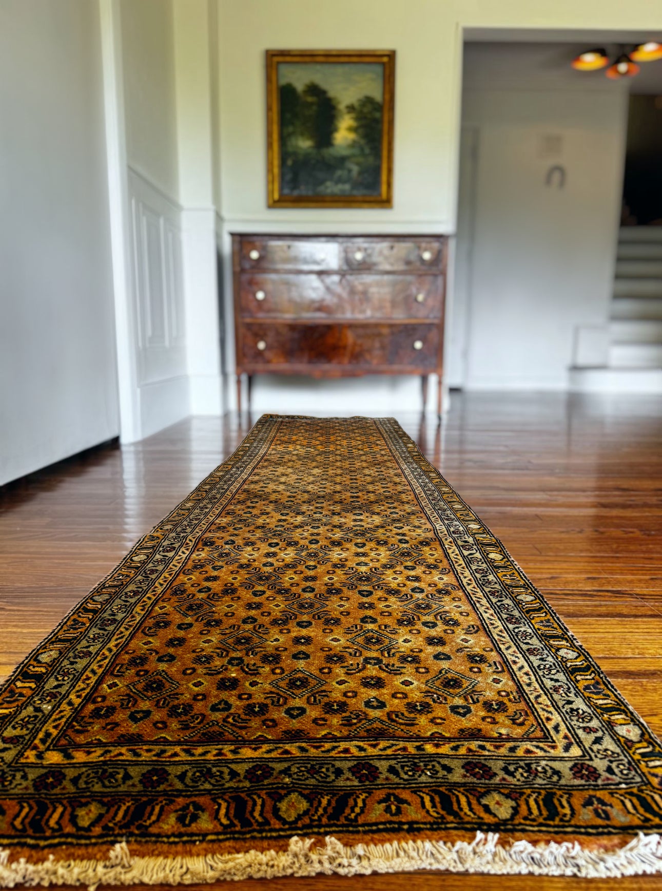 Vintage muted camel and olive vine runner 2’4x9’3