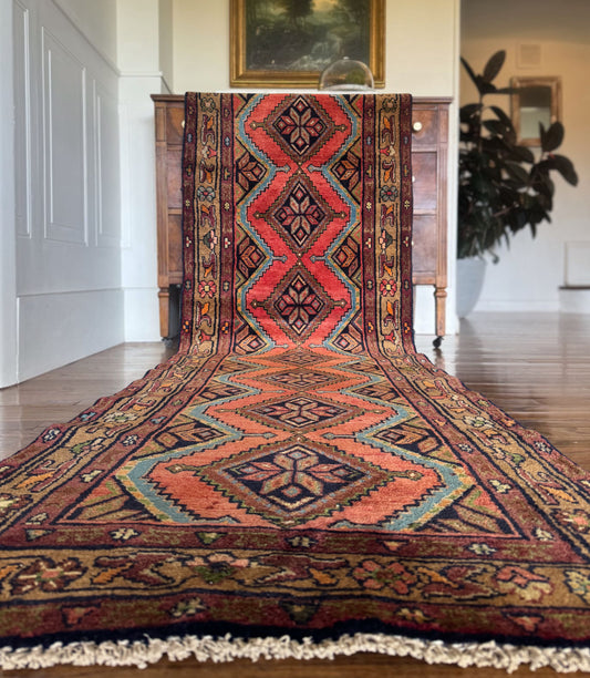 Vintage Kurdish Coral Denim Runner | 2’8 x 8’7 | Circa 1940s–1960s