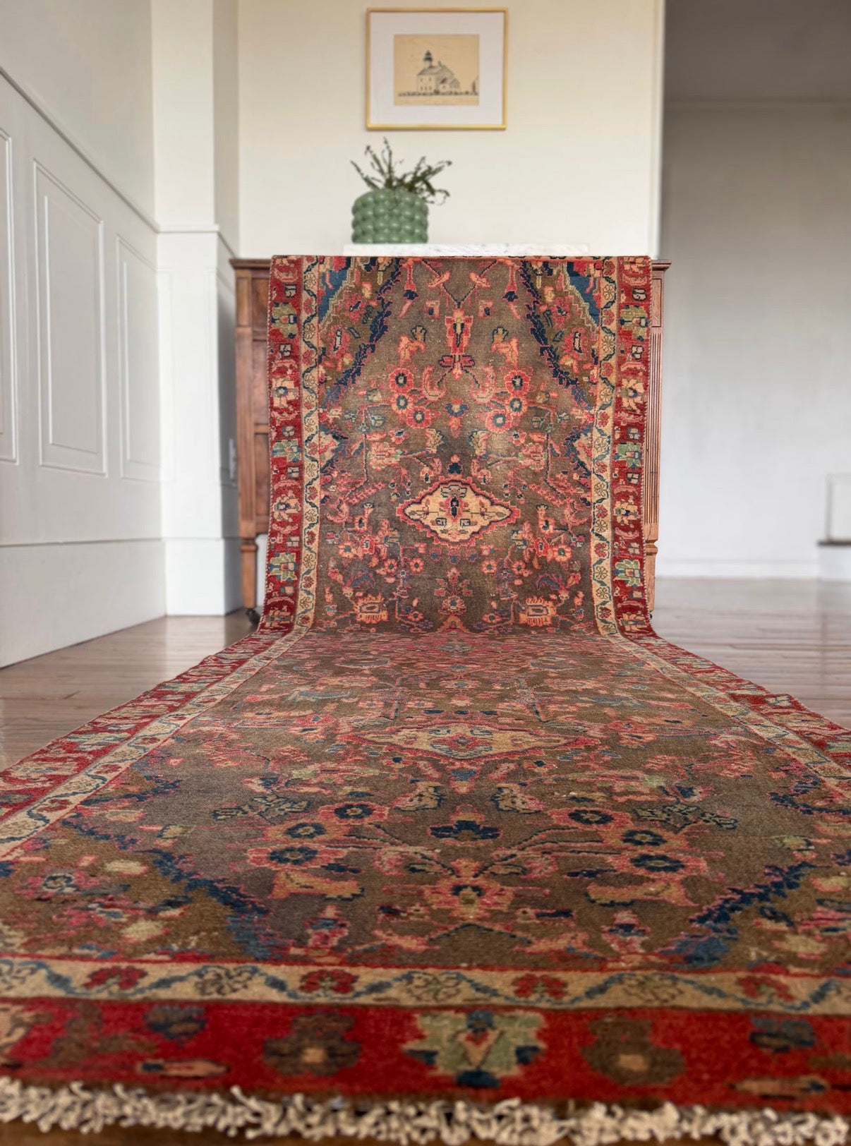 Vintage Wild Garden Oushak 3’ x 8’8 circa 1930-1950