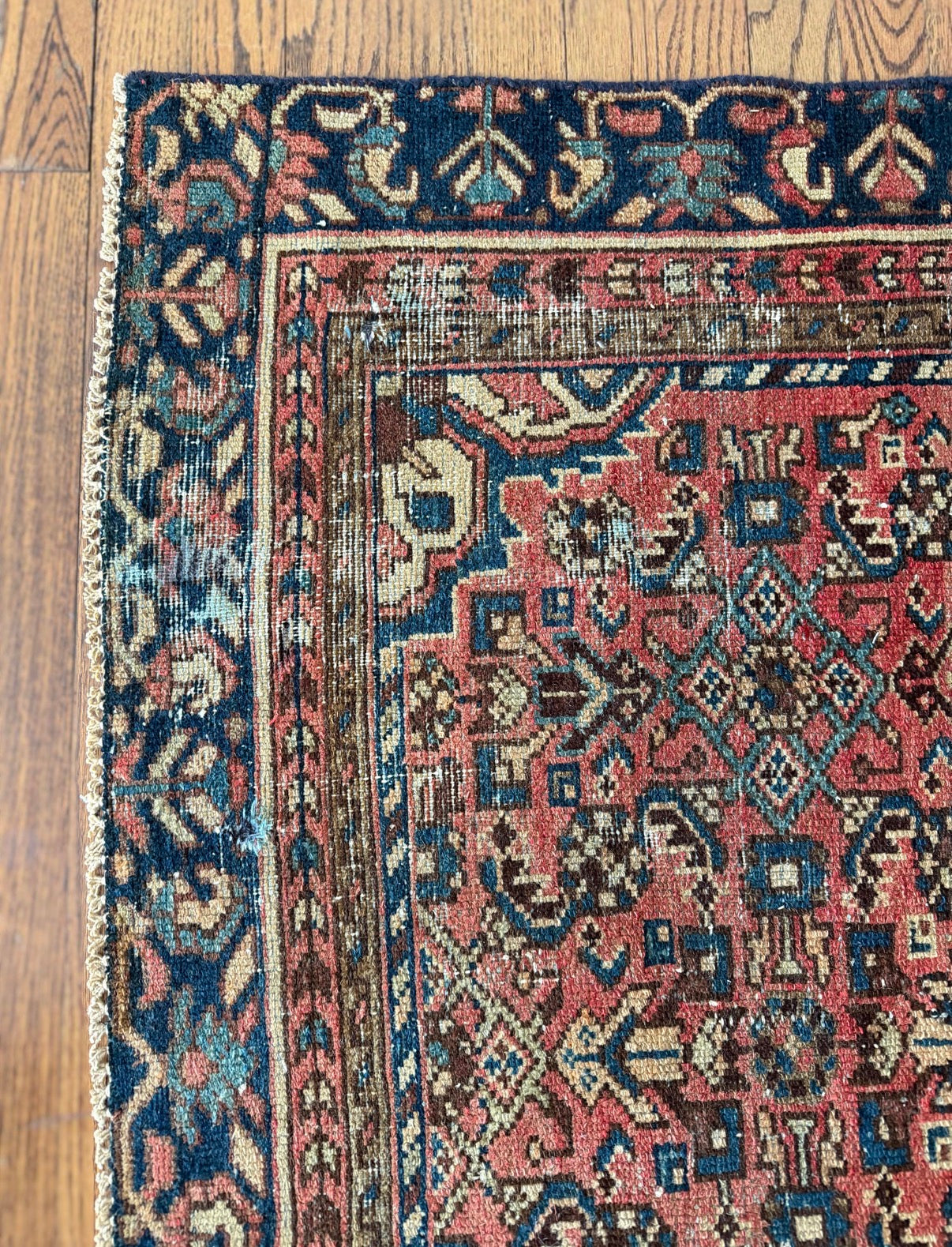 Vintage Sun-Washed Terracotta & Navy Rug 3’9 x 6’2 circa 1950-1970