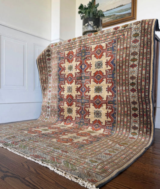 Vintage Cream & Indigo Lattice 4’6 x 6 circa 1940-1960