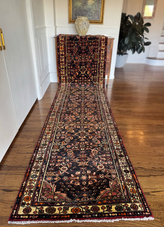 Vintage Midnight Garden Runner 3’ x 13’4 | Circa 1940–1960 | Hand-Knotted Wool