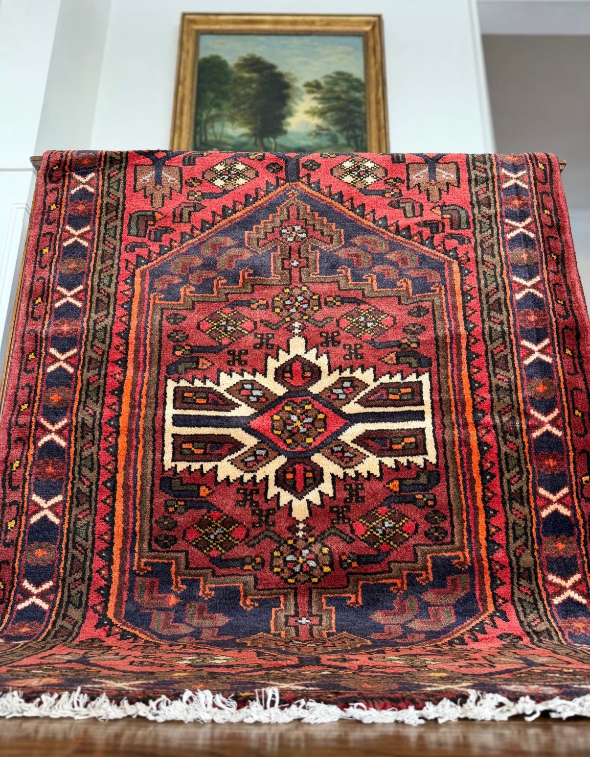Vintage Crimson Star Medallion 3’4 x 4’8 circa 1910-1930