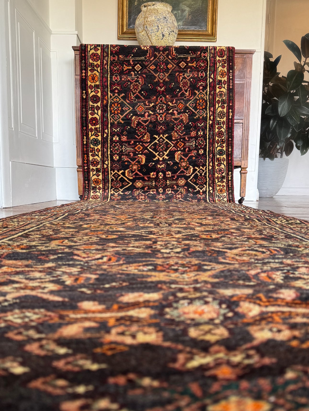 Vintage Midnight Garden Runner 3’ x 13’4 | Circa 1940–1960 | Hand-Knotted Wool