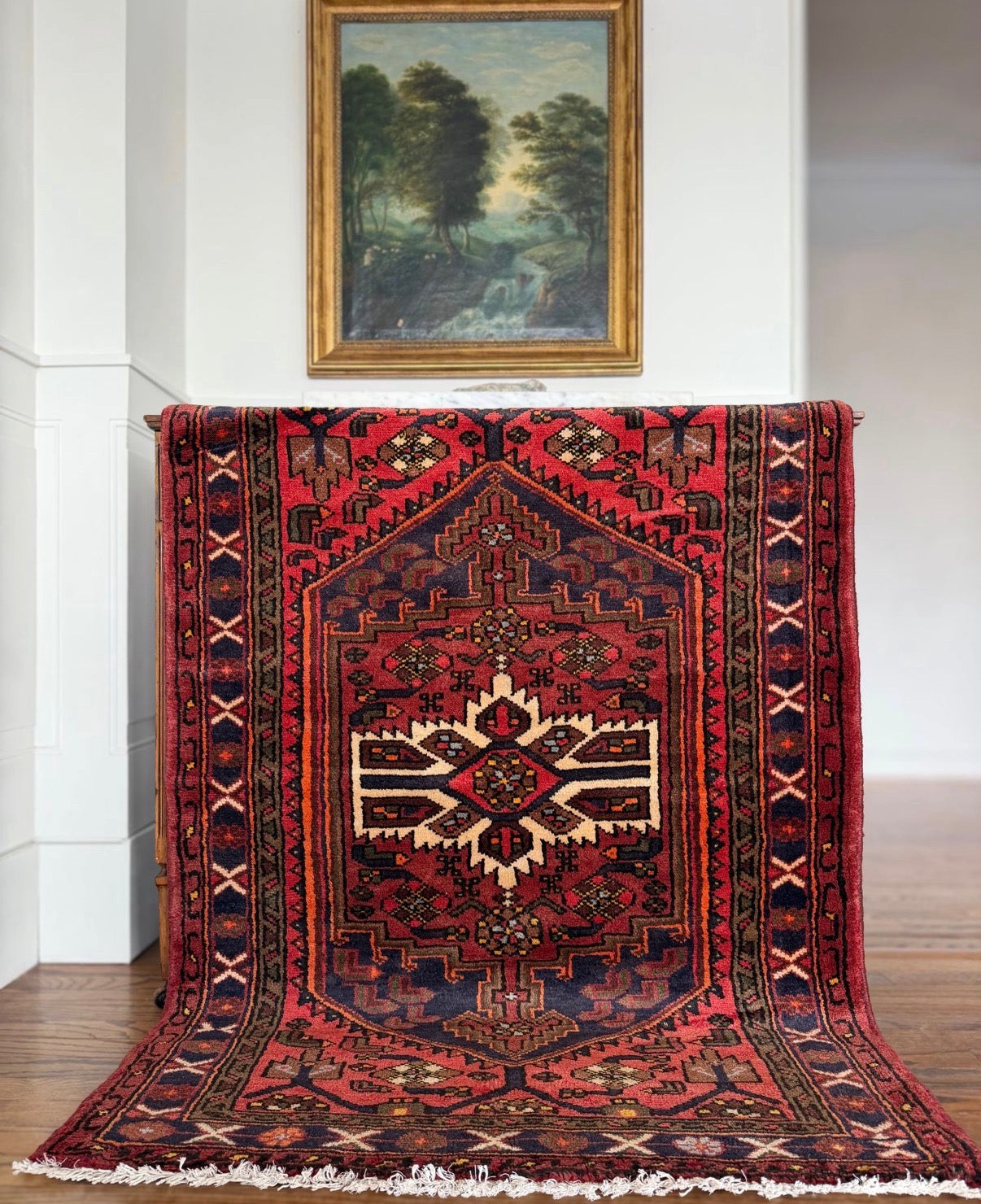 Vintage Crimson Star Medallion 3’4 x 4’8 circa 1910-1930