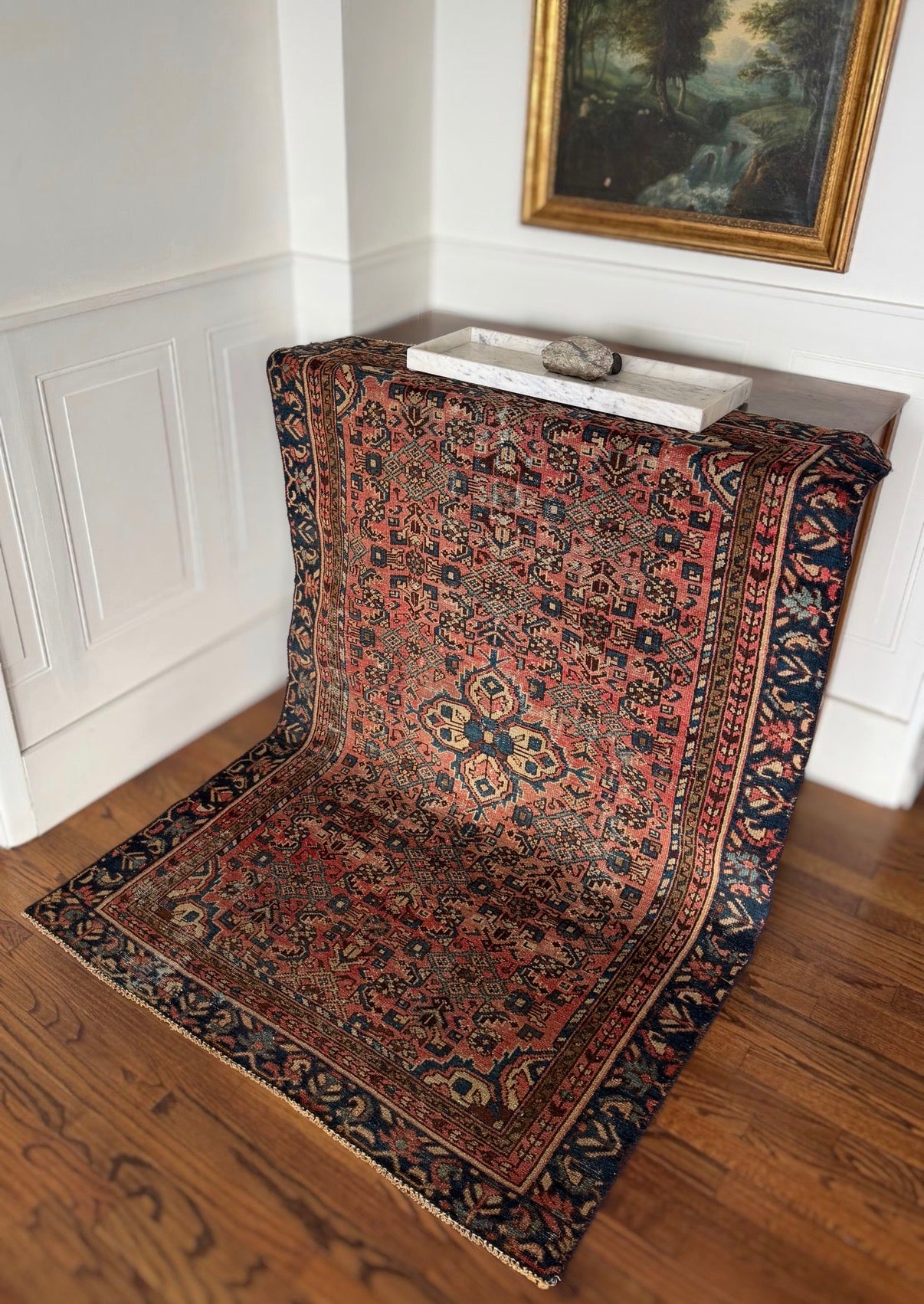 Vintage Sun-Washed Terracotta & Navy Rug 3’9 x 6’2 circa 1950-1970