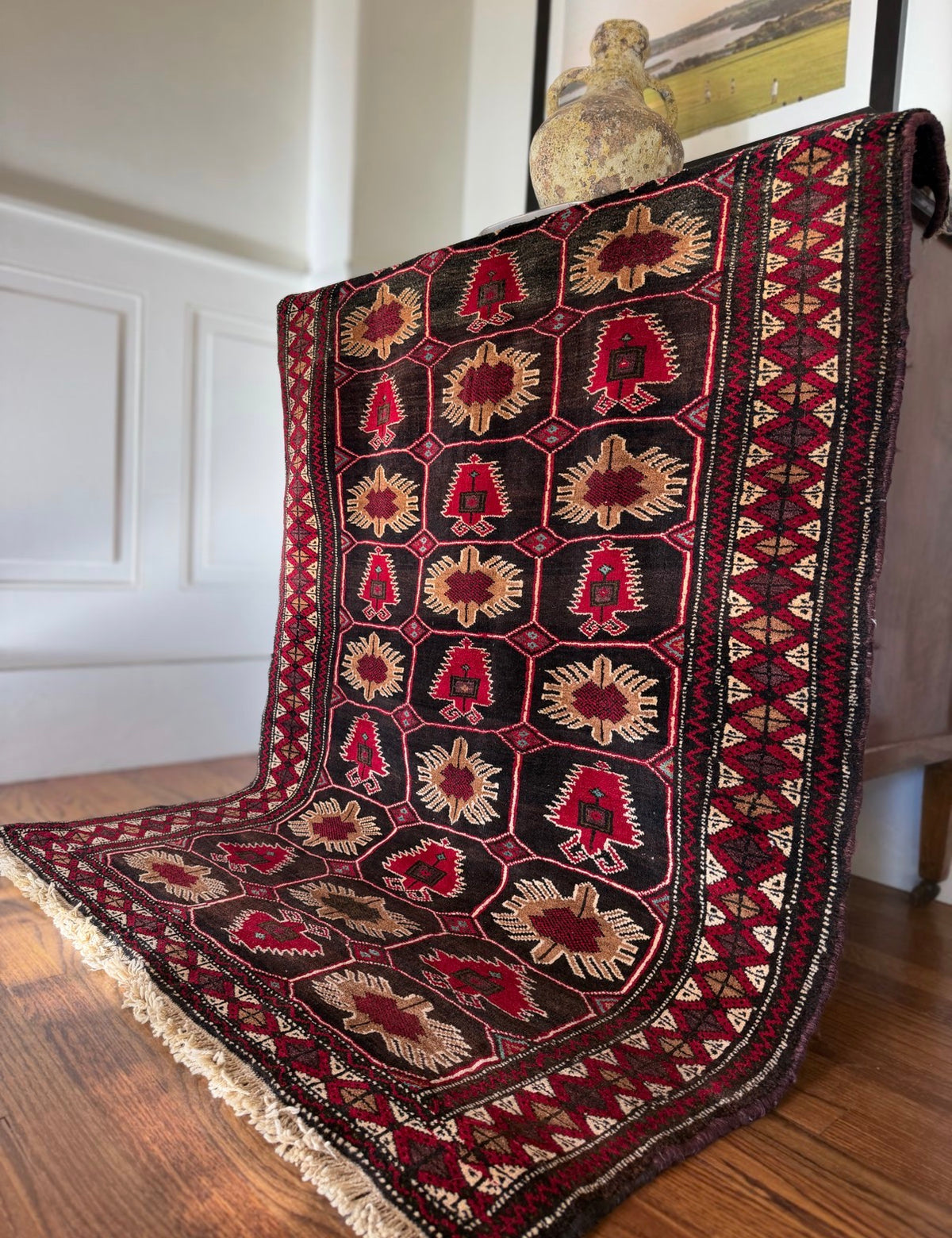 Vintage Cranberry Mosaic Rug — 3’7” × 5’