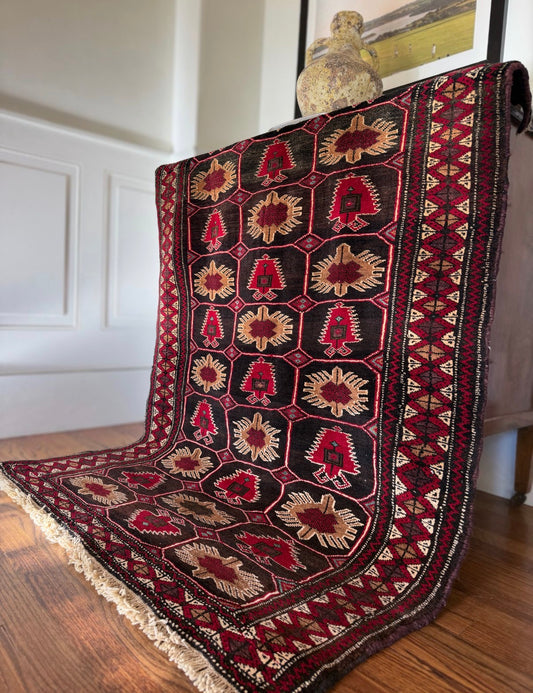 Vintage Cranberry Mosaic Rug — 3’7” × 5’