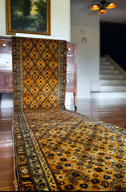 Vintage muted camel and olive vine runner 2’4x9’3