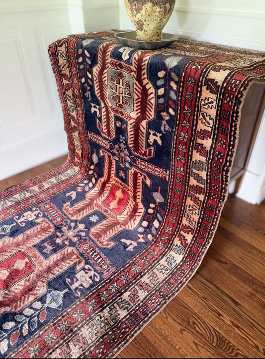 Vintage Indigo Emblem Gallery Rug 4’3 x 10’9 circa 1930- 1940