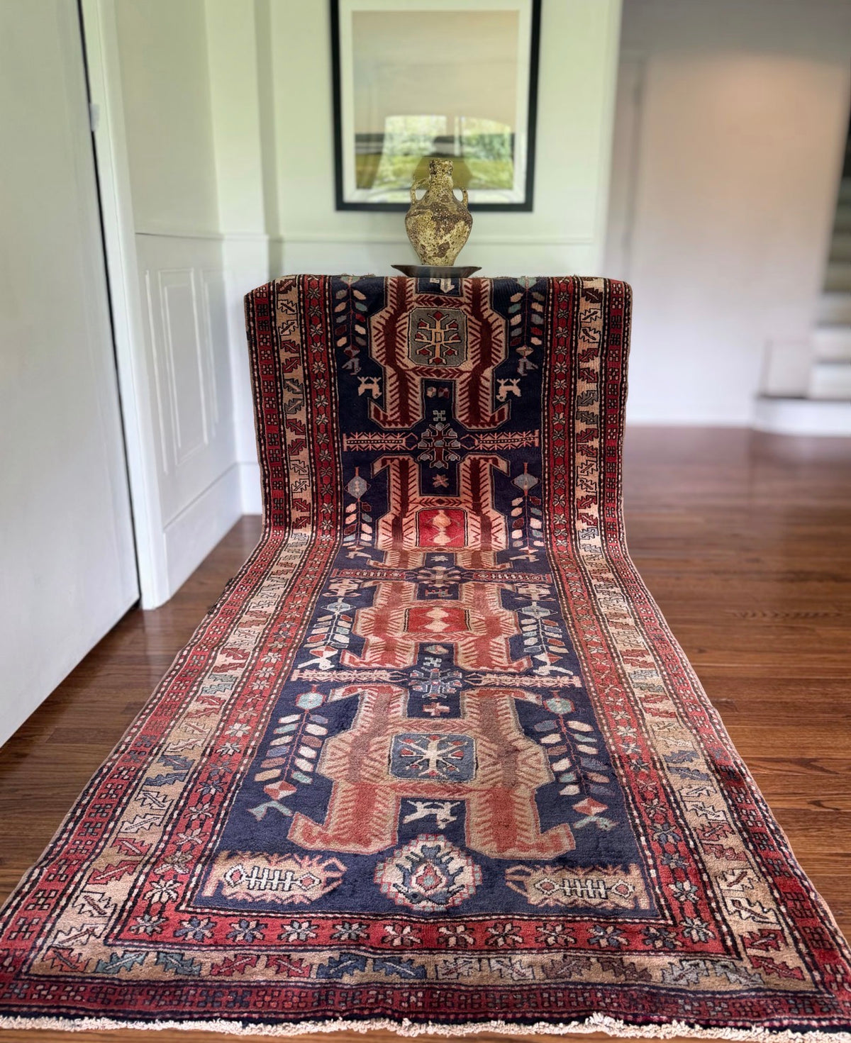 Vintage Indigo Emblem Gallery Rug 4’3 x 10’9 circa 1930- 1940