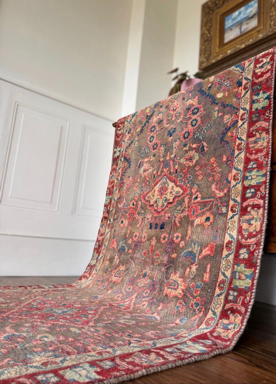 Vintage Wild Garden Oushak 3’ x 8’8 circa 1930-1950