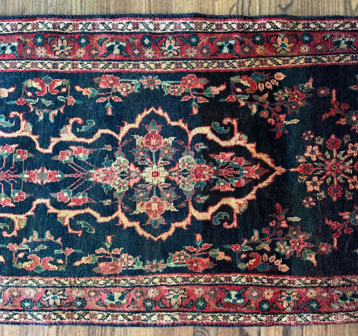 Vintage Indigo Arabesque Runner — 2’7” × 8’10” circa 1930-1940