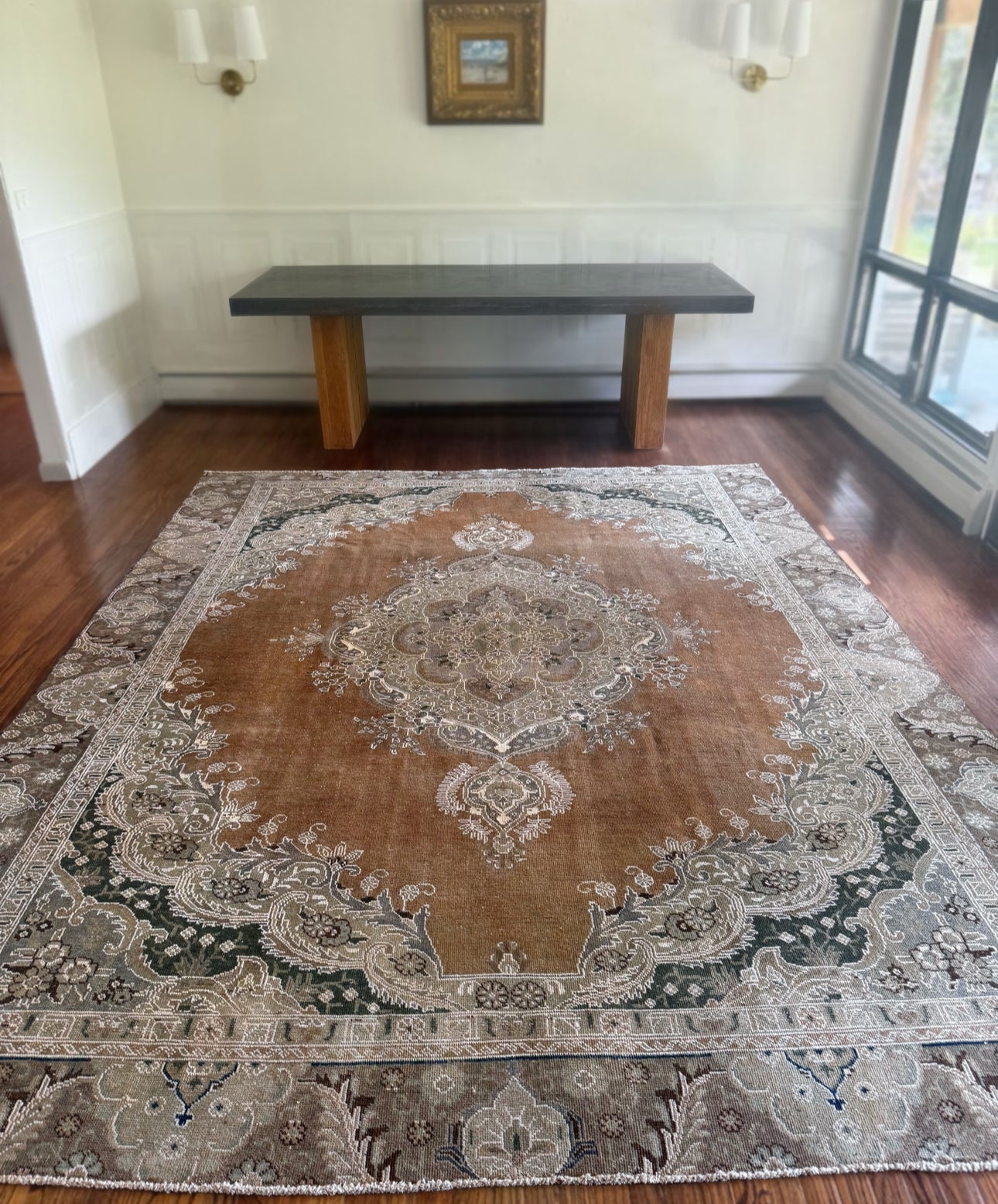 Tea Leaf & Celadon Medallion oushak 9’ x 11’6