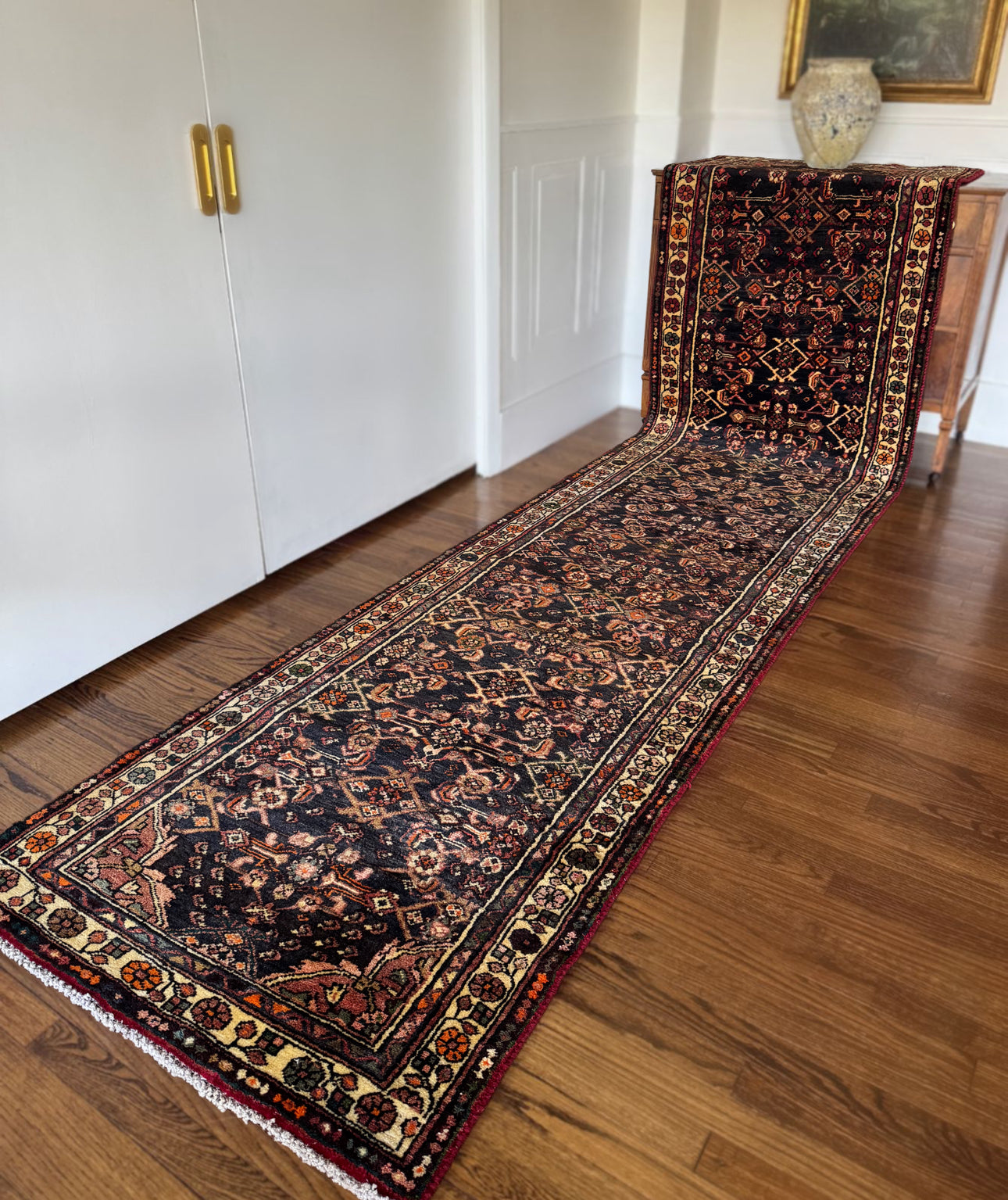 Vintage Midnight Garden Runner 3’ x 13’4 | Circa 1940–1960 | Hand-Knotted Wool