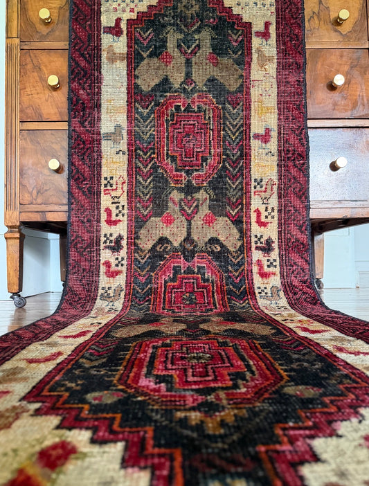 Vintage Raspberry Menagerie Runner 2’1 x 6’5 circa 1940-1950s
