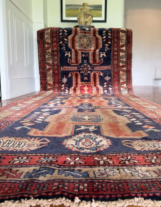 Vintage Indigo Emblem Gallery Rug 4’3 x 10’9 circa 1930- 1940