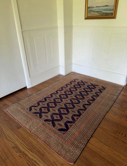 Vintage Pakistani Jaldar Bokhara Rug 4’2” × 6’