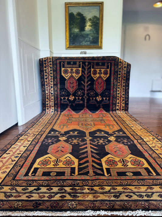 Vintage Anatolian ember and onyx bird Gallery Rug - 4’8 x 9’10